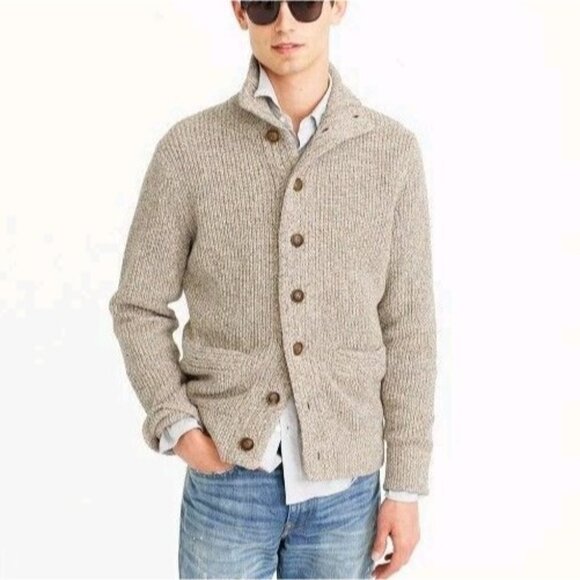 J Crew Marled Sweater Cardigan Mock Neck Mens L Classic Academia - Picture 1 of 9